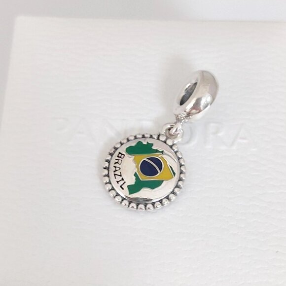 Pandora Brazil Flag Map Exclusive Travel Dangle Charm S925 Silver with box - Picture 4 of 6